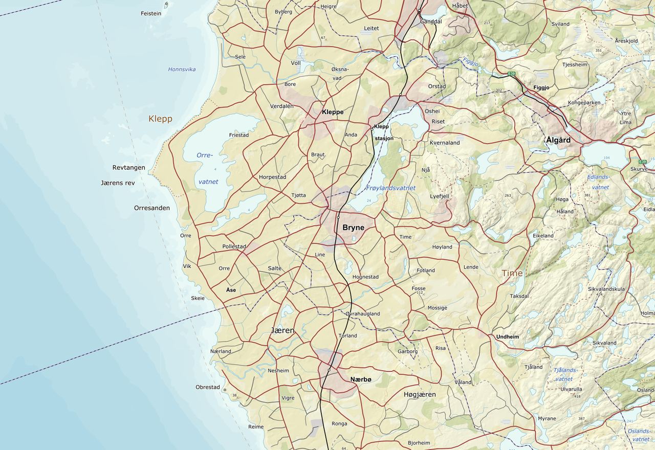 Kart over Jæren med Orre, Klepp, Bryne og Nærbø. Salte Maskin er merket ved Saltevegen.